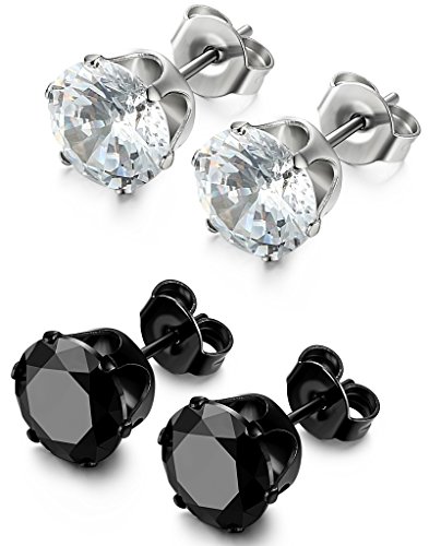 FIBO STEEL 2 Pairs Stainless Steel Stud Earrings for Men Women Cubic Zirconia Inlaid, 3mm-8mm Available