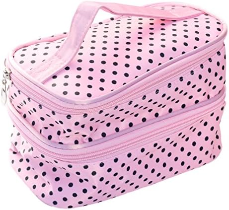 Women's Travel Size Pink Polka Dot Makeup & Cosmetic Bag with Eyebrow Eyelash Comb