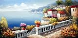 Free Shipping, Impression Mediterranean Landscape / Scenery, Sea View Terrace with Flower Garden, Handmade Oil Painting on Canvas By the Artist, Hand Signed, with Certificate of Authenticity, Extra Large Size, 24 X 48, NOT Stretched, Perfect Wall Décor