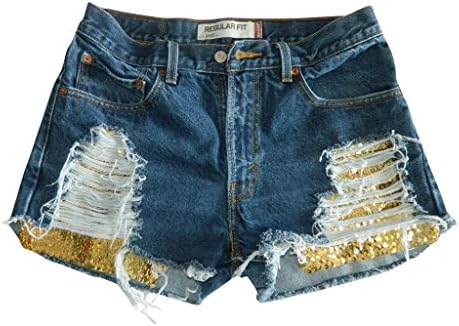 Women's Vintage Levi Distressed Ripped Shorts Gold Sequin Denim Jean-XXL