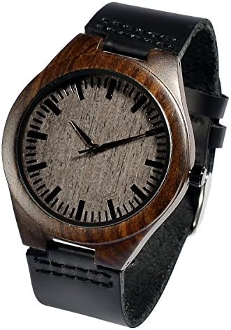 Wooden Watch Natural Wood Dial Genuine Black Leather Strap For Men