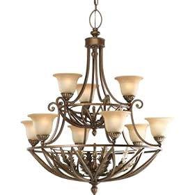Progress Lighting P4021-120 Nine-Light Two-Tier Chandelier with Antique Etched Seeded Glass, Gilded Truffle