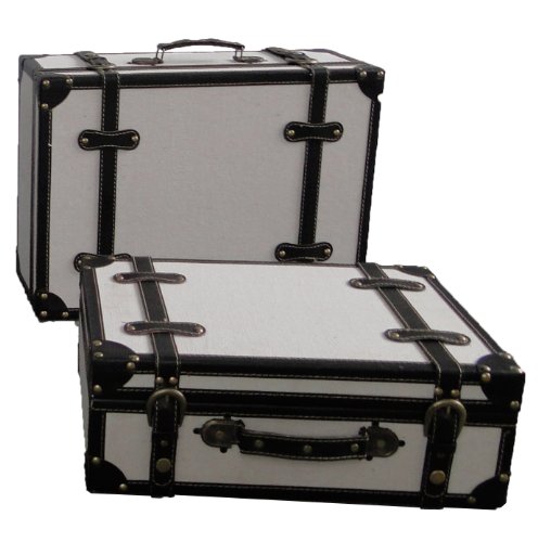 White Fabric Antique Style Suitcase With Stripes Set of 2