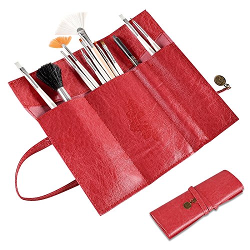 Everydaysource® Makeup Pen Pencil Brush Container Vintage Red Leather Roll Case Cosmetic Storage Puch Bag