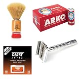 SF199-Shaving Factory DE Safety Razor, Hand Made Shaving Brush (S size), Arko Shaving Soap and 10 Derby Extra Double Edge Razor Blades. Great Valentines Day Gift Set.