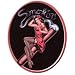 This cool decal features 'ad-like' art work of a "Smokin" brunette. She holds a cigar while wearing a red dress, shoes and hibiscus flower behind her ear. Her garters hold up her black fishnet stockings as she sits on a big 'Smokin' Cigar-Gorgeous Vinyl Decal by the Awesome Pinup Artist, Michael Landefeld This Unique Cigar collectible measures approx. 4"x5.25" Cool decal for your car windows, or anywhere. But would be beautiful framed, too!, Manufacturer: Ujean