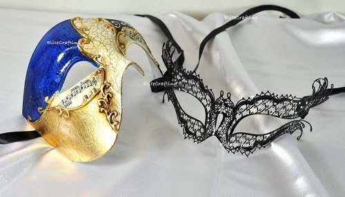 Extremely Fashionable 'His &amp; Hers' Matching Phantom Blue Venetian Half Face and Luxurious Laser Cut Masquerade Mask with Elegant Diamonds