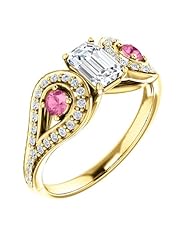 18K Yellow Gold Emerald Cut Diamond and Pink Sapphire Ring -- LIFETIME WARRANTY