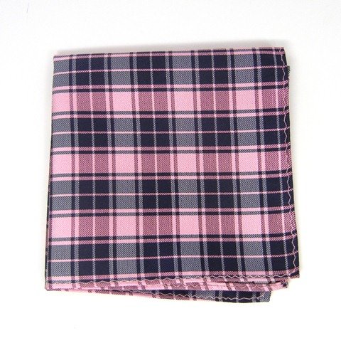 100% Silk Woven Pink and Navy Summer Plaid Pocket Square