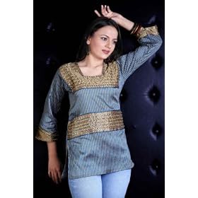Golden Blue Dupion Silk Kurti / Tunic with stripes