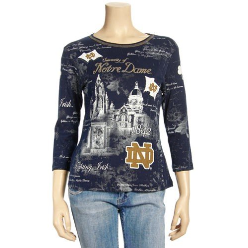 Notre Dame Fighting Irish Ladies Navy Blue Rhinestone 3/4 Sleeve T-shirt (MS XL)
