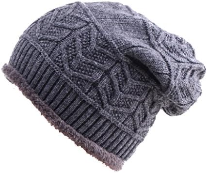 Hieasy unisex Slouchy Knit Beanie Hats Fleece Lined Skull Ski Caps Dark Grey