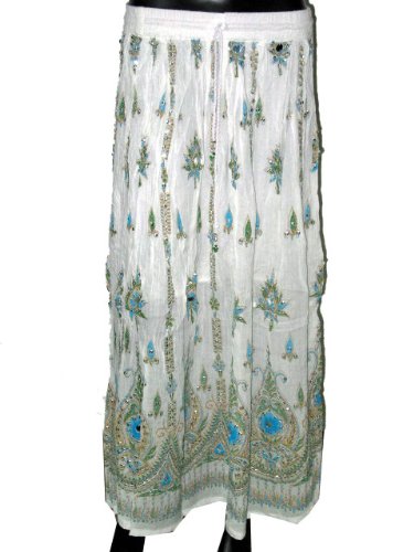 Womens Bohemian Gypsy Crinkle Long Dcrapechic Chic Beaded Cool White Skirt 36″ Length