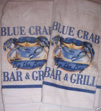 Blue Crab Bar and Grill Kitchen Terry Tea Towels Linens Set 2 by Grills