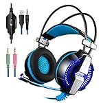 ieGeek EACH GS700 3.5mmゲーミング ヘッドセット 密閉型 軽量 音量調節可能ヘッドホン 360度調整可能なマイク/LEDライト付きPCゲーム用有線ヘッドバンド ソフトレザー式 PS4(プレイステーション4) iPhone 6/6S Samsung Galaxy/iPad/sony/xperiaMacOS/Linux/HTPC/IPTV/Google/Andriod TV Box タブレット ノートパソコン スマートホンなどに対応 (ブラック ブルー)