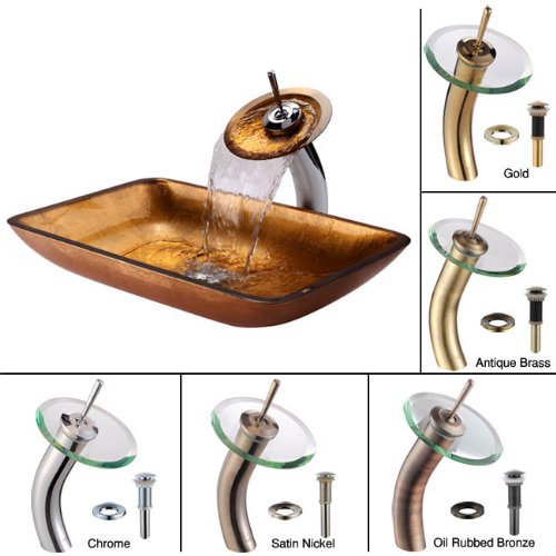 Kraus C-GVR-210-RE-10ORB Golden Pearl Rectangular Glass Vessel Sink and Waterfall Faucet, Oil Rubbed Bronze