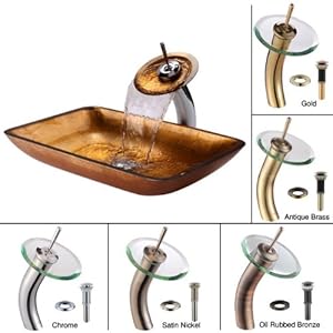 price comparisons for Kraus C-GVR-210-RE-10SN Golden Pearl Rectangular Glass Vessel Sink and Waterfall Faucet, Satin Nickel - 