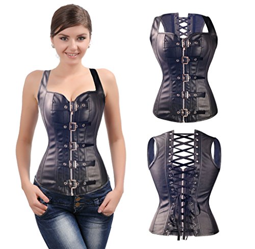 SEXYFROM Spiral Steel Boned PU Faux Leather Steampunk Waist Trainer Corset Bustier
