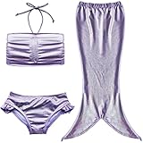 iEFiEL Girls 3pcs Swimmable Princess Mermaid Swimsuit Open Tail Hair Band (9-10, Ruched Top Purple)