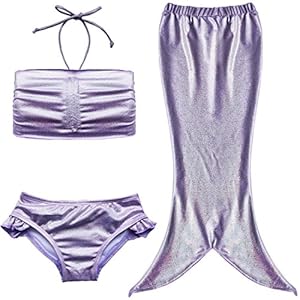 iEFiEL Girls 3pcs Swimmable Princess Mermaid Swimsuit Open Tail Hair Band (9-10, Ruched Top Purple)