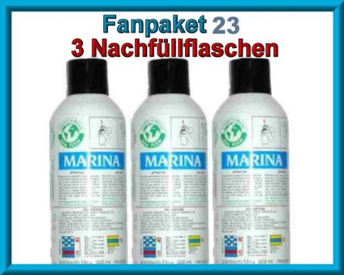 Marina Fanpaket 23-----NACHFÜLLFLASCHEN Pressluftfanfare Fussballfanfare FANPAKET pro Flasche laut Hersteller mit 300ml nichtbrennbares Gas
