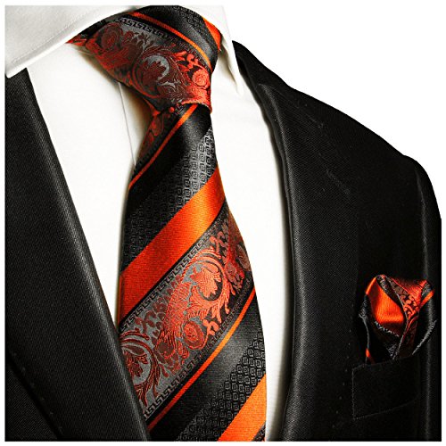 Fire Orange and Black Paul Malone Silk Tie and Pocket Square