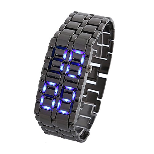 DAYAN Men's Lava Black Stainless Steel Bracelet Watch Black and Blue LED Digital Watch