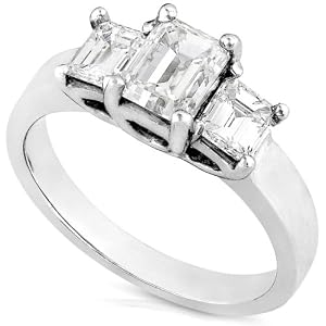 Classic Three Stone 1.66ct Emerald Cut Diamond Engagement Ring (HI/VS-SI) in 14k White Gold