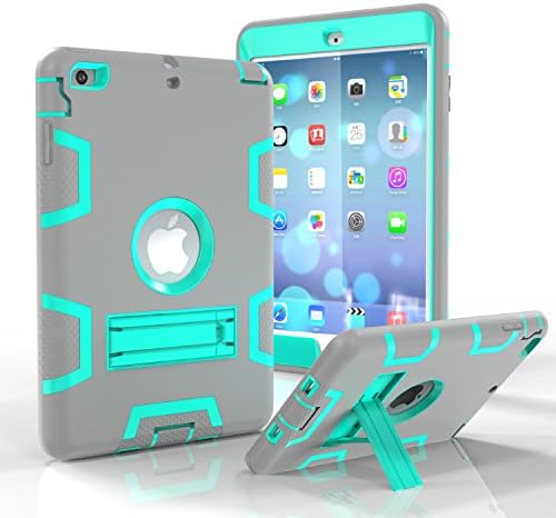 iPad Mini Case,iPad Mini 3 Case,HAPPIG0 Three Layer Armor Defender Full Body Protective Case for iPad Mini,Mini 2,Mini 3,Mini Retina with Kickstand Cover(Grey/Mint Green)