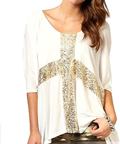 Estrendy Golden Sequins Loose T-shirt Top White - L