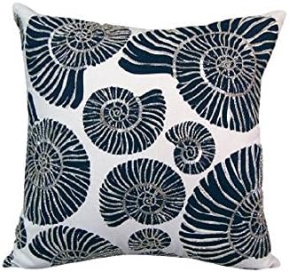 COASTAL NAUTICAL BEACH PILLOWS 16 X 16 Indoor Cotton - Beaded Nautilus Shell Pillow Hand-beaded nautilus shells adorn this contemporary navy and white pillow