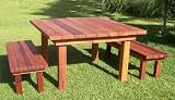 outdoor redwood furniture-Forever Redwood 5.5-Ft Square Patio Table with 4 Benches On Sale