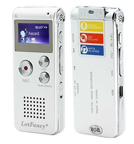 LotFancy 8GB Digital Rechargeable Voice Recorder MP3 Music Player - with Built-In Speaker, LCD Display, USB Connection