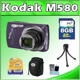 Kodak EasyShare M580 14MP Digital Camera w/ 8x Wide Angle Optical Zoom, 3.0 LCD (Purple) + 8GB SD Card + Camera Bag(S) + Table Tripod + 3 pieces Cleaning Kit + SD Card Reader