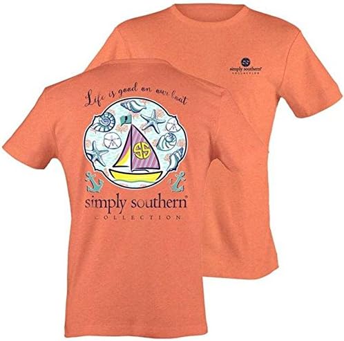 Simply Southern Tees Preppy Unisex T-Shirt - Life Is good On Our Boat - Color Salmon (Large)