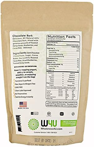 Dark Chocolate with Anti-Aging Superfoods-Hemp Bark Chocolate -Organic Wild Blueberries-Cacao Nibs- Roasted Hemp Seeds-that Melts in your mouth as a Delicious Snack Anytime-Always Good Tasting and Good for You-A Candy that Loves you Back (8oz.)
