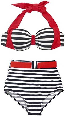 Retro 50s Black Stripe Vintage High Waisted Bikini Swimsuit Swimwear(FBA)