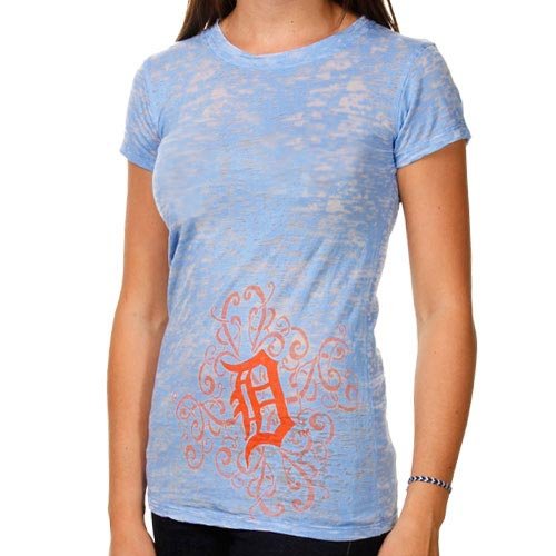 Detroit Tigers Ladies Scroll Burnout Premium Crew T-shirt - Light Blue (Medium)