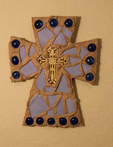 Collectible Decorative Mosaic Wall Cross, Light Blue and Cobalt (Royal) Blue Color, Item # S-504, 10 in. x 8 in., Handmade, OOAK