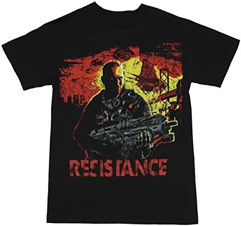 Resistance (2,3 PS3 Game) Mens T-Shirt - Capeli Holding Gun with Yellow Sun Image on Black (Medium)