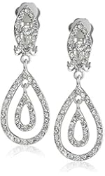 Silver Crystal Rhinestone Two Layer Teardrop Pear Shaped Dangle Clip Earrings Tipped with Eye Shape