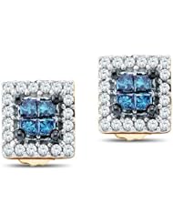 14K Yellow and White Two 2 Tone Gold Princess Cut Blue and White Diamond - Square Princess Shape Halo Invisible & Channel Set Studs Earrings with Secure Screw Back Closure - (1/3 cttw.)