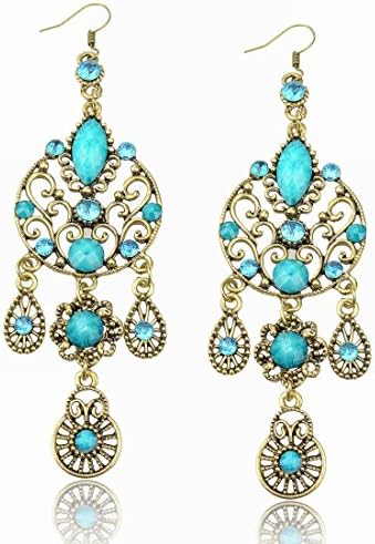 Long Crystal CZ Teardrop Vintage Copper Eardrop Hook Blue Dangle Earrings