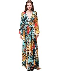 V-neck Shift Floral Print Vintage Polyester Long Sleeves Maxi Dress 