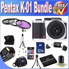 Pentax K-01 16MP APS-C CMOS Compact System Camera With 40mm Lens (White) + Extended Life Battery + 8GB SDHC Class 10 Memory Card + USB Card Reader + Memory Card Wallet + Deluxe Case w/Strap + Shock Proof Deluxe Case + Mini HDMI to HDMI Cable + 3 Piece Professional Filter Kit + Professional Full Size