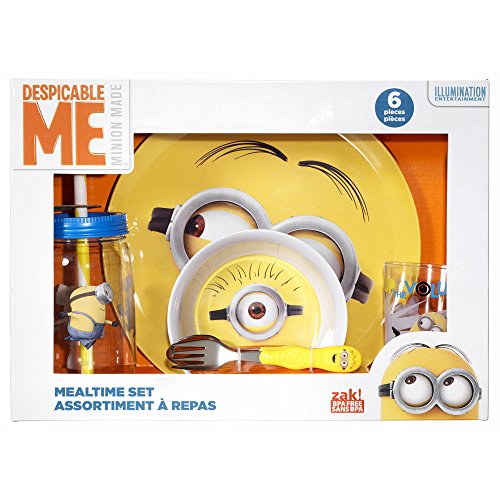 Despicable Me Minion Made 6 Piece Mealtime Set Includes Plate, Bowl, Mason Jar Tumbler, Cup, Fork & Spoon