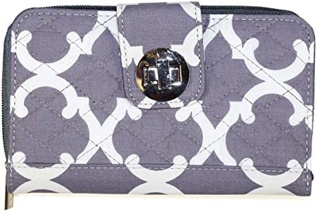 Turn Lock Quilted Double Zip Around Wallet, Geometric (Grey)