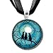 Three Black Cats Silhouette in Teal Moon Handmade Jewelry Art Pendant