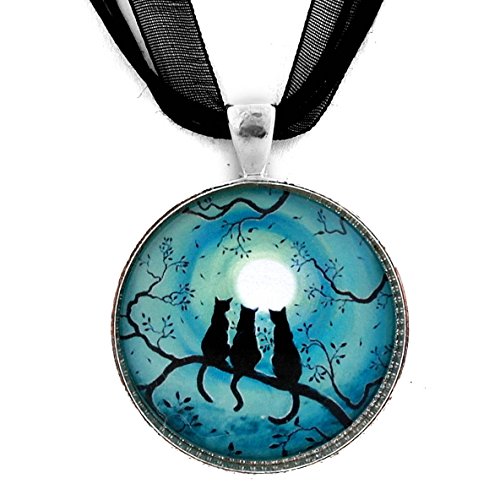 Three Black Cats Silhouette in Teal Moon Handmade Jewelry Art Pendant
