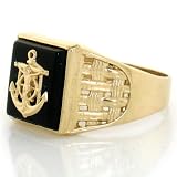 10K SOLID YELLOW GOLD ONYX CROSS ANCHOR MENS RING